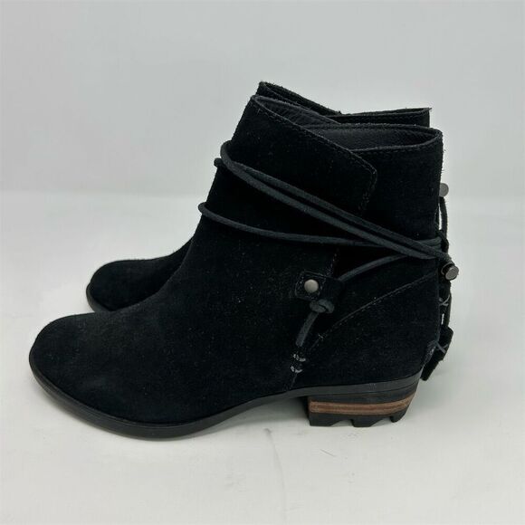 Sorel Farah Black Suede Pull On Ankle Boots Size 7.5 Back Tassel Design - Picture 7 of 12